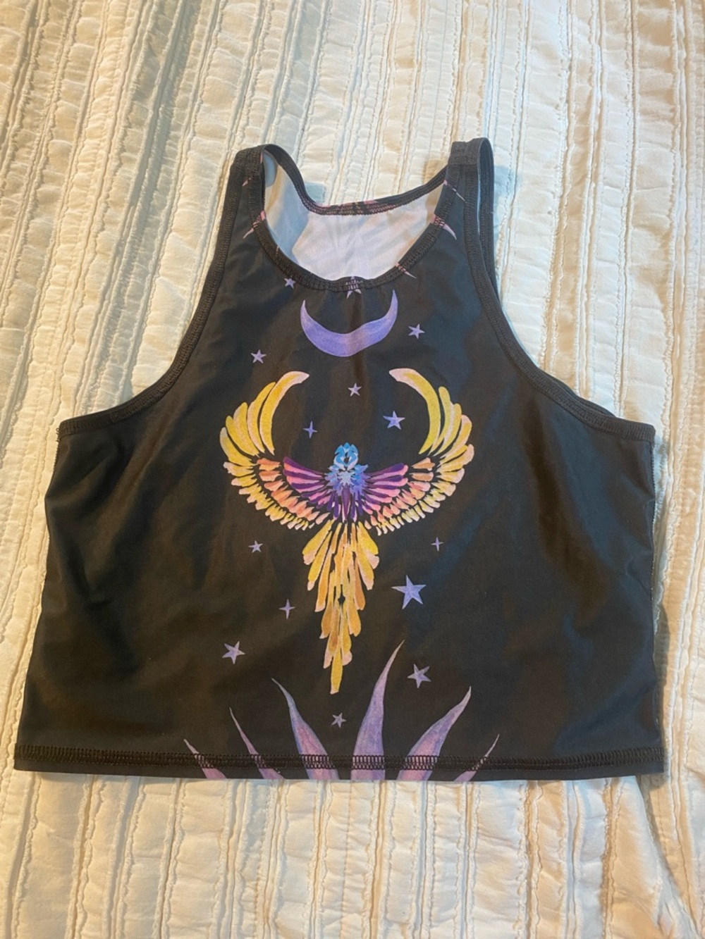 Black Crop Tank Top with Vibrant Phoenix Graphic